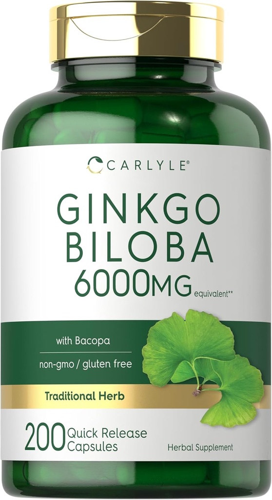 Carlyle Ginkgo Biloba Pills | 6000mg | 200 kapslit | koos Bacoba ekstrakt | ekstra tugevus, Non-GMO ja Gluteeni vaba taimsete täiendada