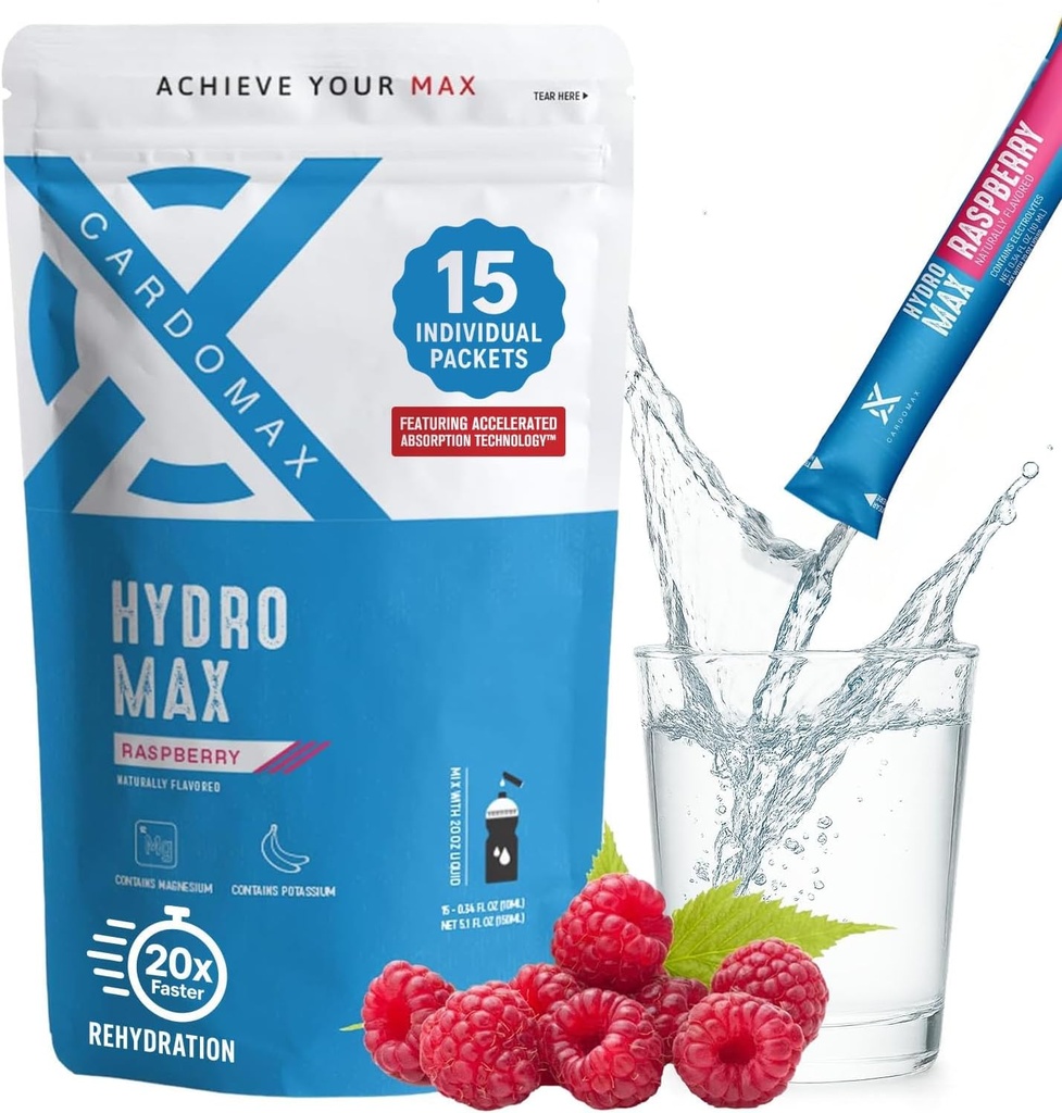 Hydromax Electrolyte Drink Mix - Raspberry 15 Liquid Packets med kalium & Magnesium - Zero Sugar, Keto & Vegan Electrolytes för Rapid Hydration & Recovery Supplement