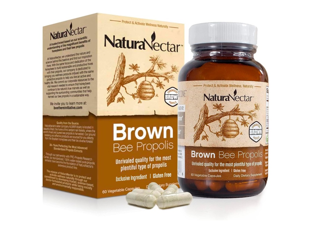 NaturaNectar - Brown Bee Propolis - NSF Contents Certified - Premium Brazilian Propolis - Gluten-Free Supplement with Flavonoids, FLAV-B and PWE - Naturally Sourced Through Ethical Beekeeping (60pcs.)