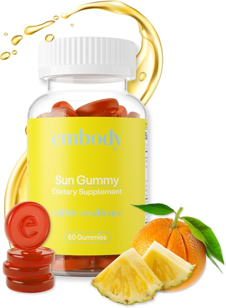 Embody Antioksidant Sun Gummy, Orange Ananapple Flavor, Fern Extract dodatek za proti staranju, temne točke, zdravo kožo - spodbuja kolagen proizvodnje, vitamin C, Selen (60 Count, Orange Ananapple)