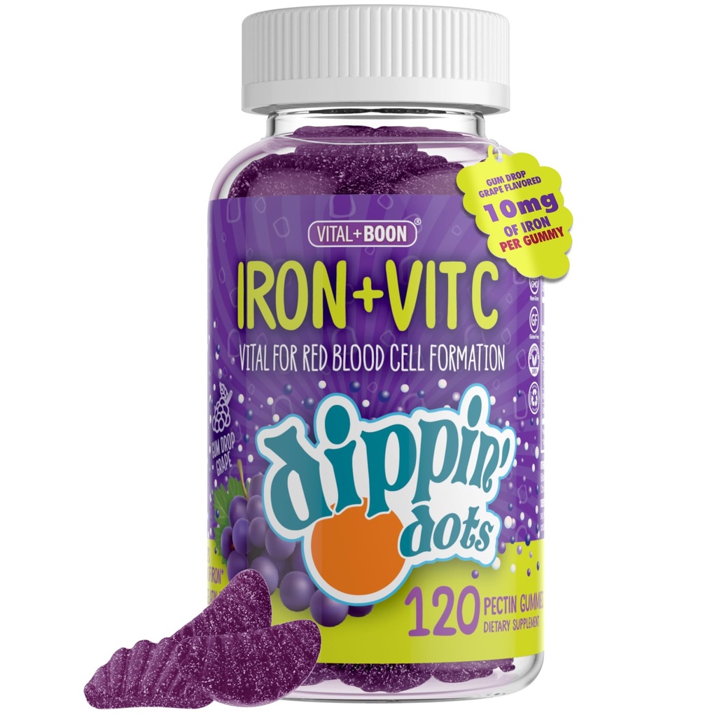 Vital+Boon - Iron with Vitamin C & B12 Gummies (120 Count) Vital for Red Blood Cell Formation | Gum Drop Grape Real Pectin Fruit Chew Supplements | Vegan, Non-GMO, Gluten Free & Gelatin Free