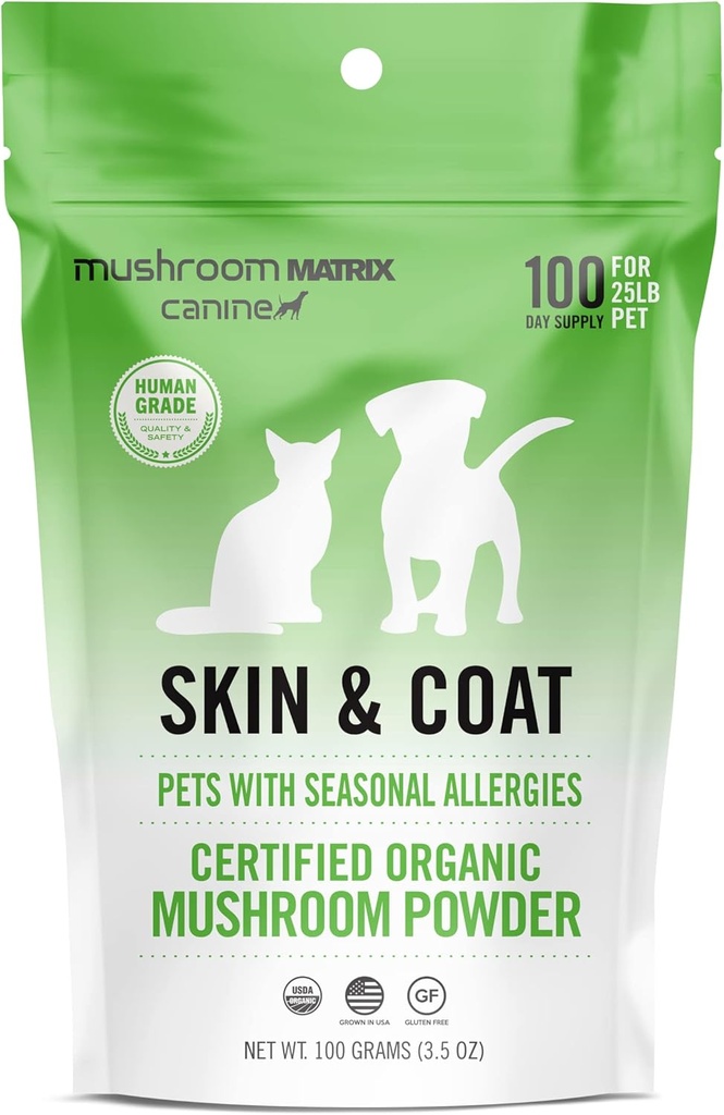 Om Mushroom Matrix Pet - Canine | Skin & Coat | USA Grown Human-Grade Organic Mushroom Toz Pet Təhlükəsizlik Alerjik Skin & Maska üçün Coat Support & Cats / 100 Grams, 3.5 oz