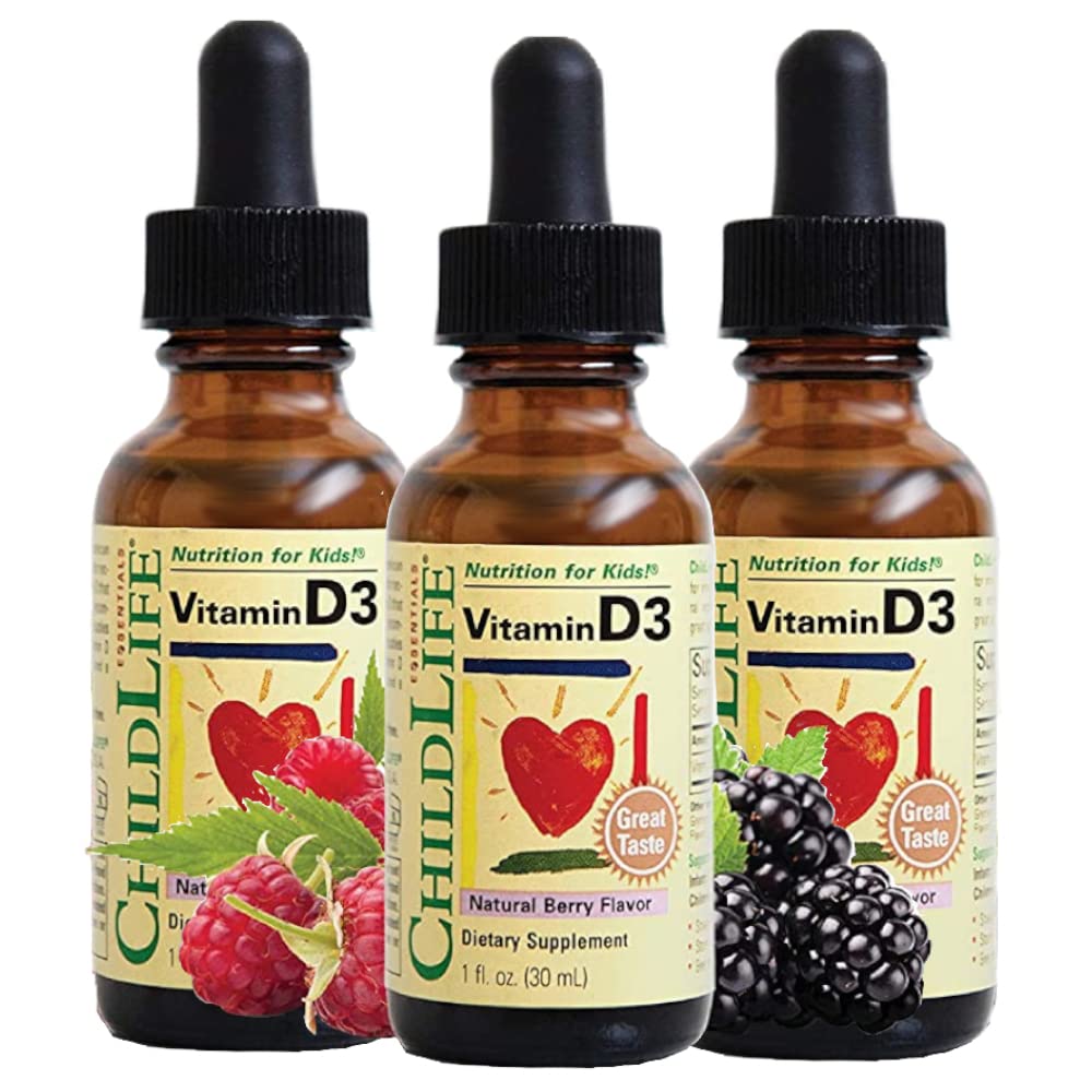ChildLife Essentials Baby Vitamin D3 Drops - for Infants, Children, & Toddlers, Vitamin D Drops, 500 IU per Serving, Immune & Bone Health Support, Natural Berry Flavor - 1 Fl Oz (Pack of 3)