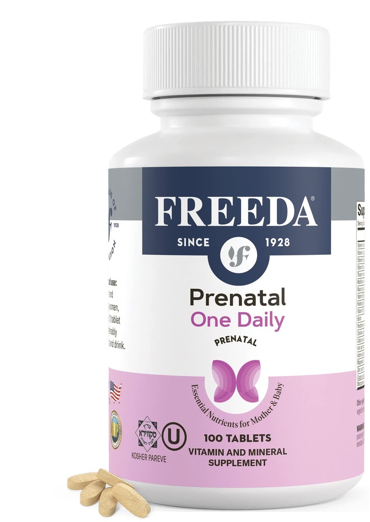 FREEDA Prenatal Vitamin - Kosher Prenatal with Iron, Methylfolate (Bioavailable Folic Acid), Choline & Vitamin D - One Daily Multivitamin for Pregnant & Lactating Women (100 Count)