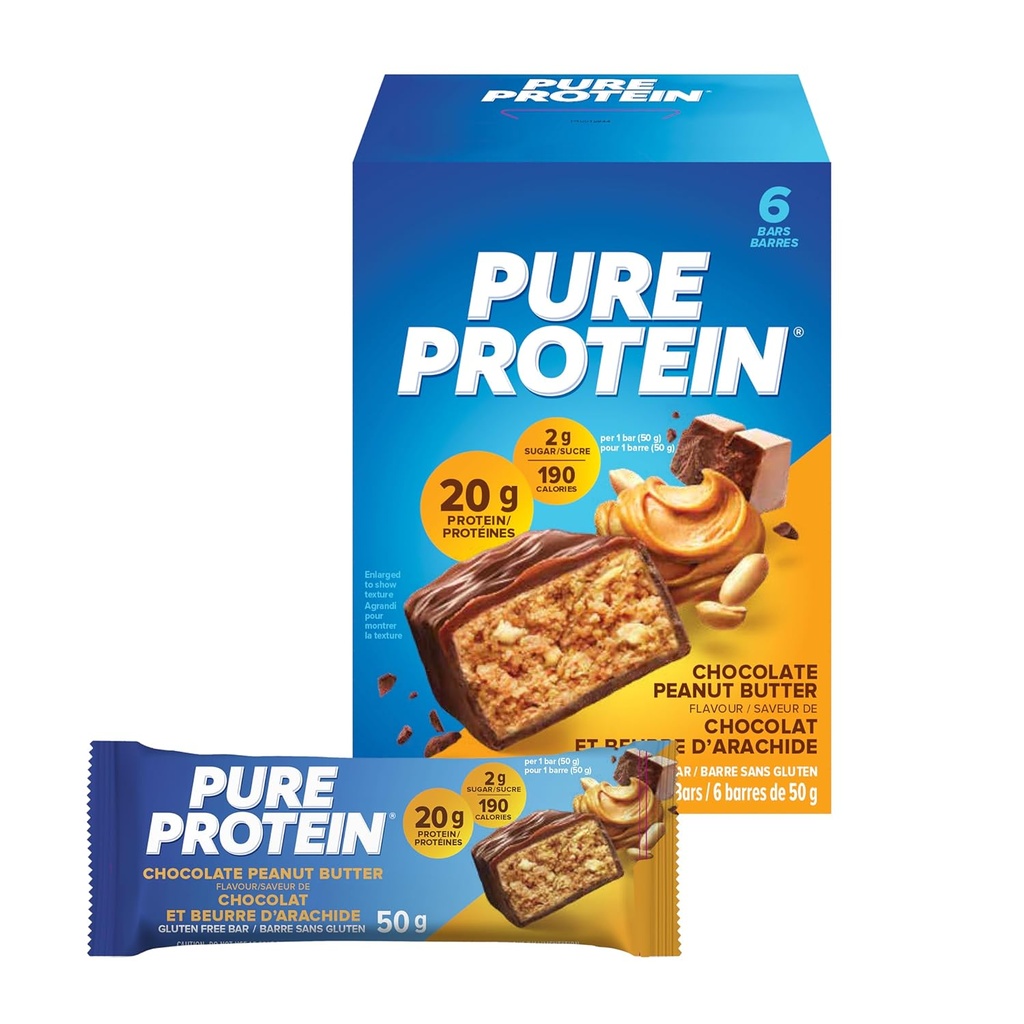 Murni Protein Bars, Gluten Free, Snack Bars, Chocolate Peanut Butter, 50 gram, 6 Cacah, {Diimpor dari Kanada}