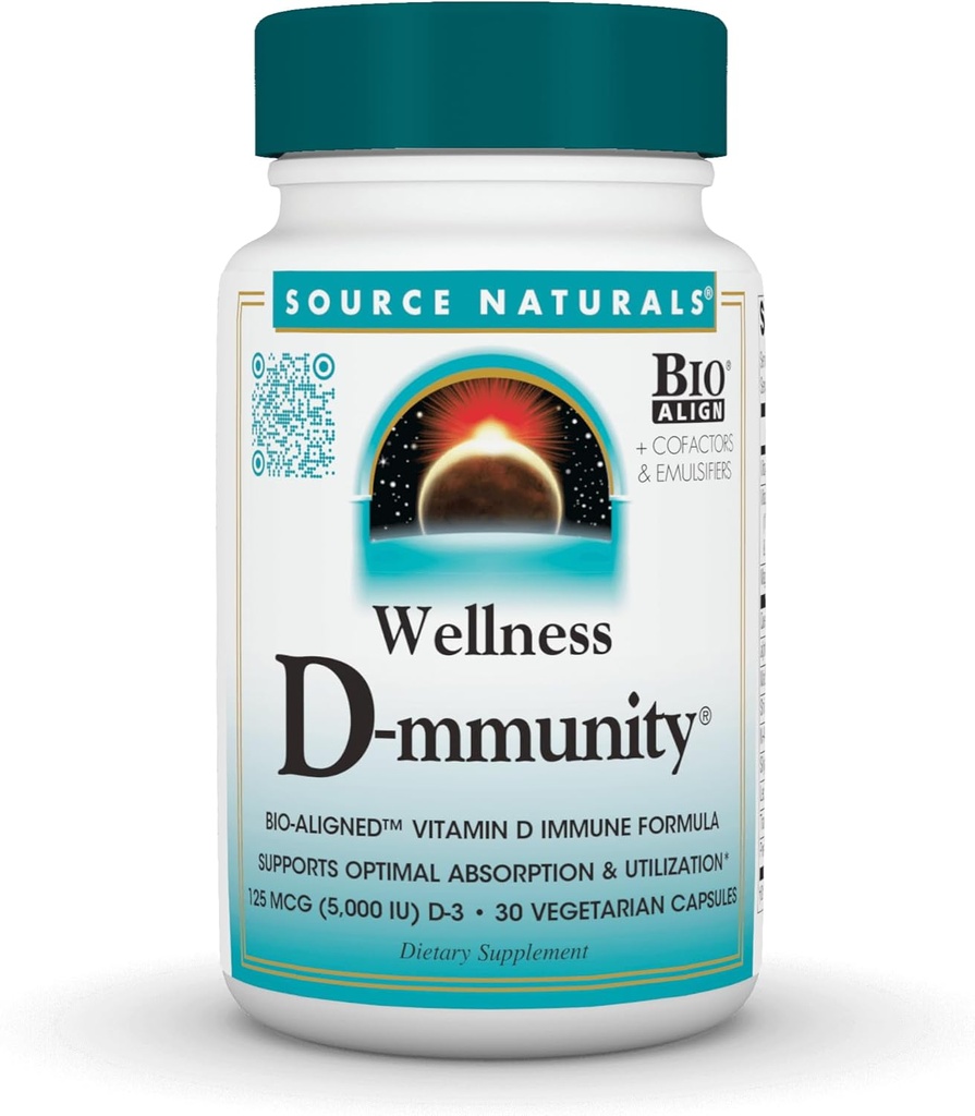Source Naturals Wellness D-mmunity, Bio-Aligned Vitamin D Immune Formula, Supports Optimal Absorbtion and Utilization*, 125 mcg (5,000 IU) D-3-30 Vegetarian Capsules