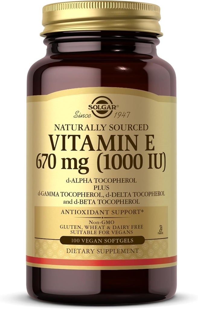 Solgar Vitamin E 670 mq (1000 IU) - 100 Vegan Softgels - Natural Antioksid - Non-GMO, Gluten Pulsuz - 100 Xidmət