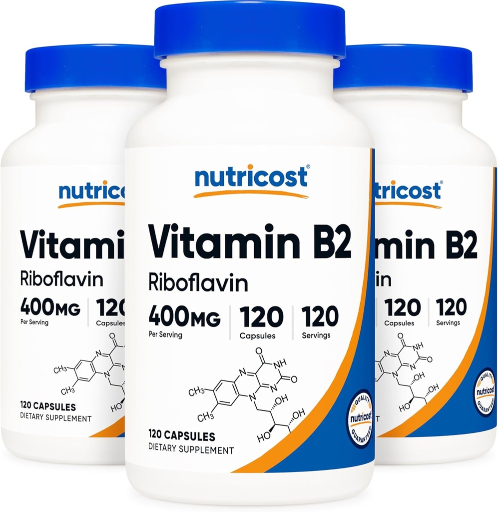 Nutricost vitamin B2 (Riboflavin) 400 mg, 120 kapsler (3 flasker)