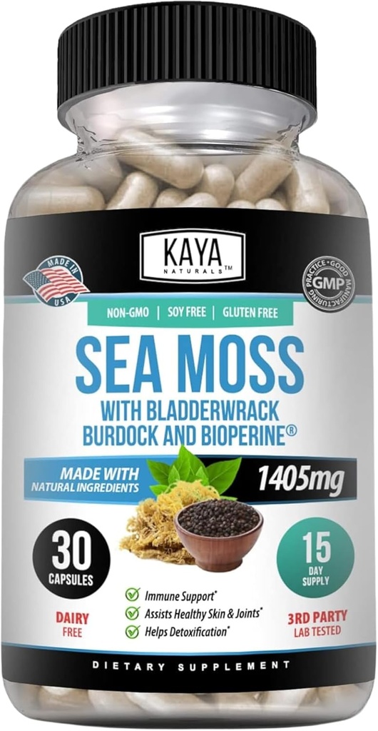 Kaya Naturals Sea Moss - Mugikortasuna Gizon eta Emakumeentzako - Burdock Root, Irish Moss, Bladderwrack eta BioPerine - Mugikortasun Osasun eta Inmune Boost, 30 Kondea