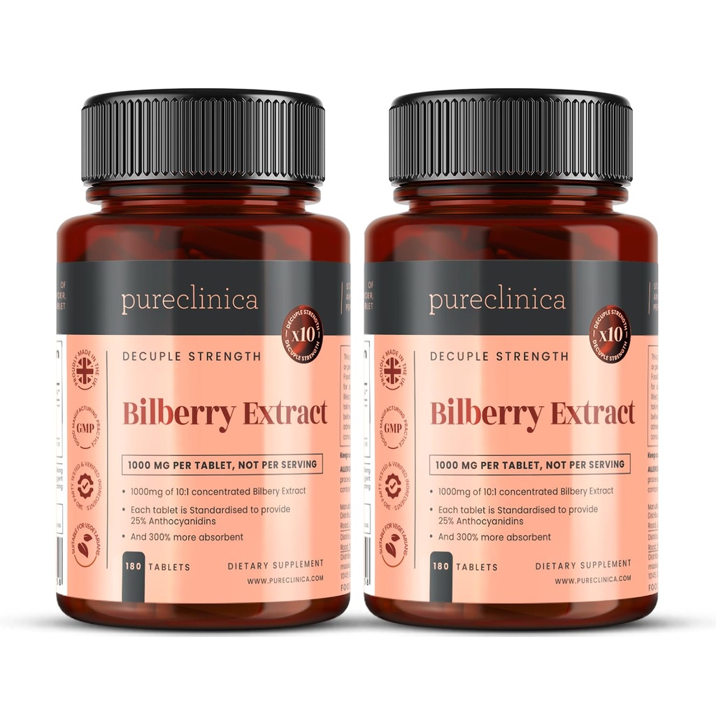 pureclinica Bilberry Extract 1000mg (10:1) per Tablet – High Strength Concentrated Formula – 360 Tablets (2 Bottles) – 12 Month Supply