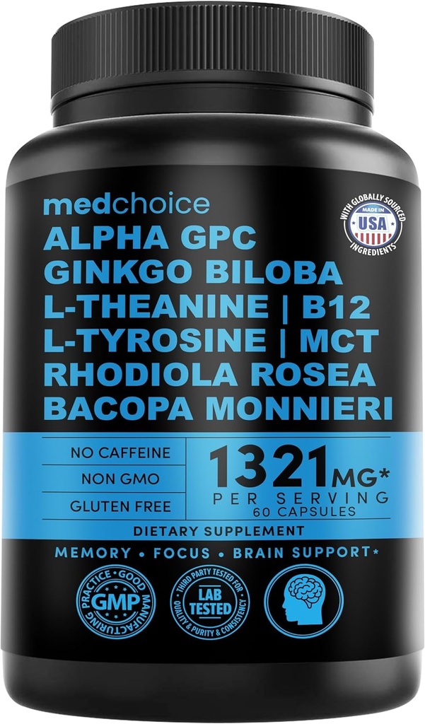 12 في 1 Nootropic Ginkgo Biloba for Brain Support, Memory and Focus - B12, Alpha GPC, L Theanine and Choline supplements with Bioperine Non Caffeinated 1321mg (60ct)