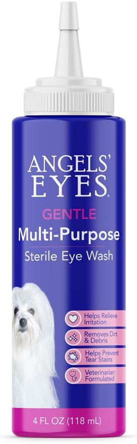 ANGELS' EYES Multi-Purpose Sterile Eye Wash 4 oz Eye Cleaner e Enxaguar, Tear Stain Redutor para Alergies, Debris, Mucus, Irritation e Weepy Eyes para Todos os cães com ácido bórico