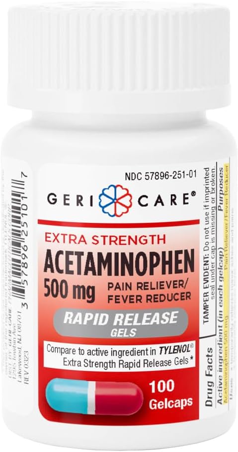 Gericare Extra Strength Acetaminophen 500mg Rapid Release Gelcaps, Pain Relief 100 Count (Pack of 1)