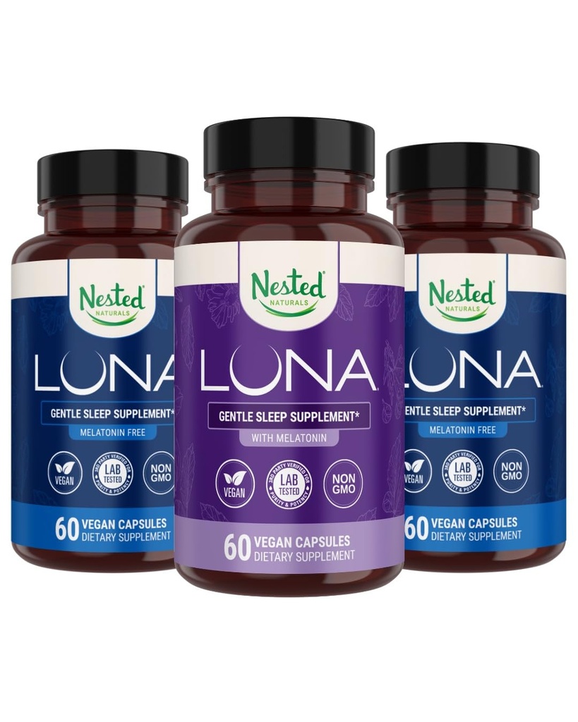 Nested Naturals Luna Melatonin-Free (120 Vegan Capsules) & Luna Natural Sleep Aid with Melatonin (60 Vegan Capsules) for Deep Sleep | Non-Habit Forming
