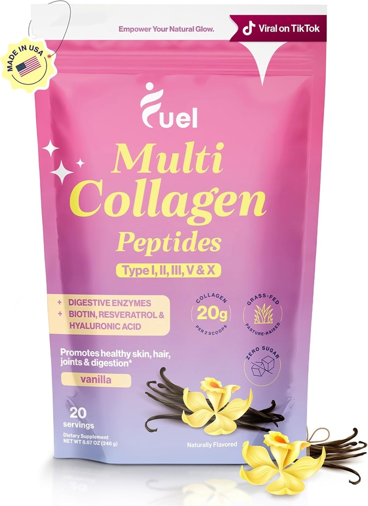 Kuras Multi Collagen Peptides milteliai - 20g hidrolizuotas Collagen I, II, III, V & X plaukų, odos, nagų ir bendros paramos - Geriau Absorbcija - Keto & Gluten Free, Prancūzijos Vanila 8.67oz