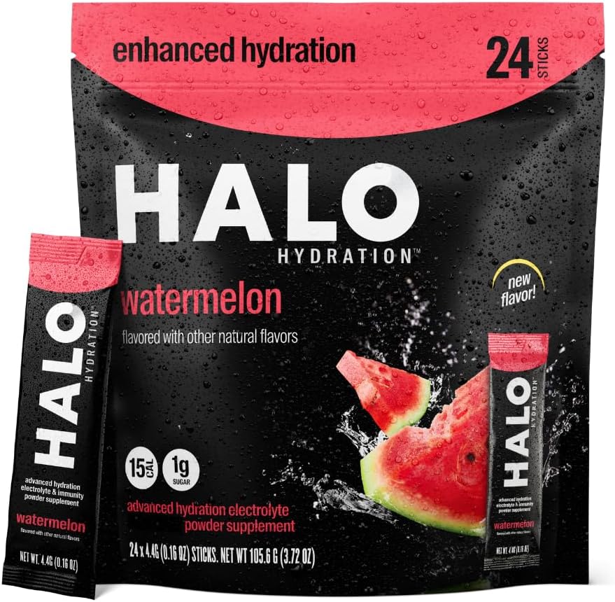 Halo Hydration - Electrolyte Drink Mix | Hydration Powder Packets | Watermelon Flavor – for Sports and Cycling | Easy Open Single Serving Stick (24 Pack)