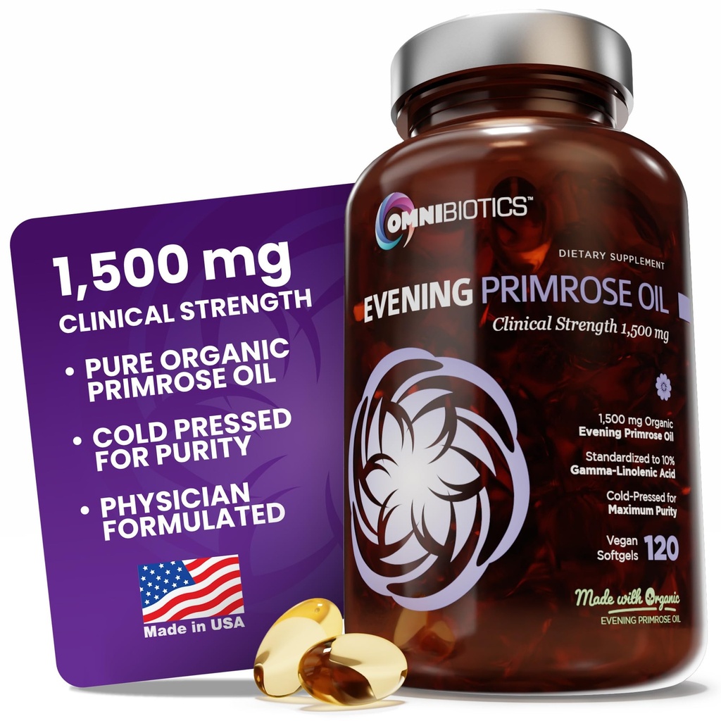 OmniBiotics Organic Evening Primrose Oil for Women – Clinical Strength 1500mg per Capsule, 10% GLA, Cold-Pressed, Non-GMO, Hormone Balance for Women – 120 Vegan Softgel Capsules