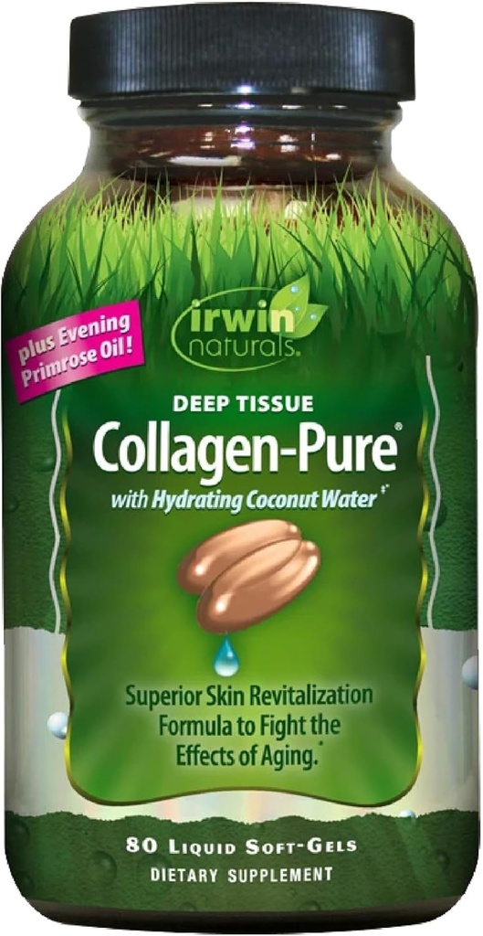 Irwin Naturals Collagène-Pure de tissu profond - 80 softgels liquides - Revitalisation supérieure de la peau pour lutter contre les effets du vieillissement - Comprend l'eau de coco hydratante et l'huile de primrose du soir