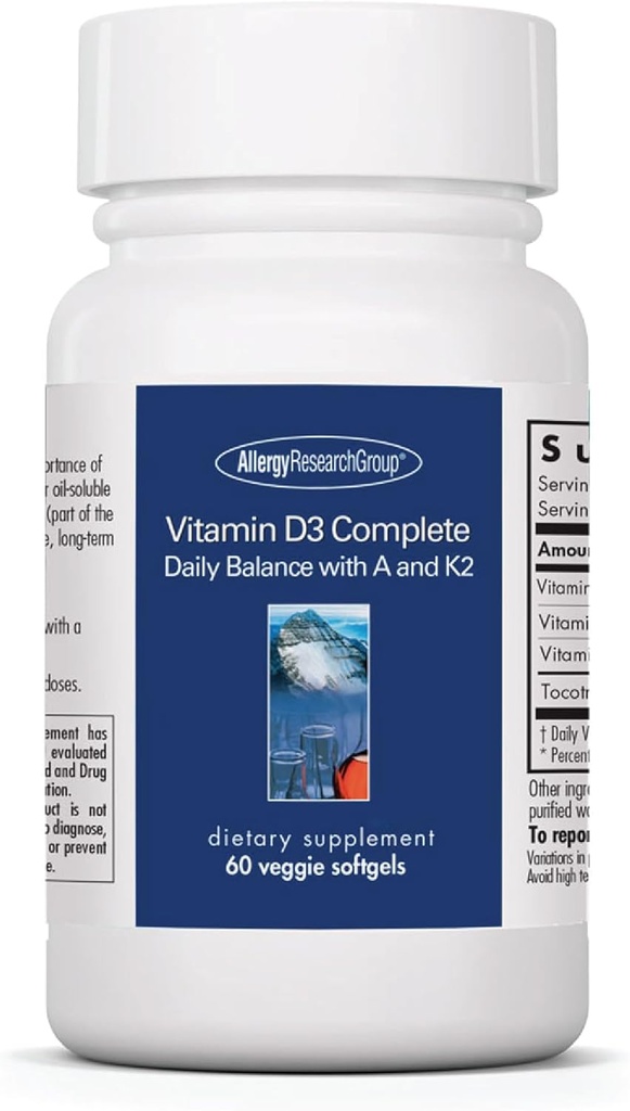 Groupe de recherche sur les allergies Vitamine D3 Complete - Supplément Vitamine D3 et K2, Bilan quotidien, avec vitamine A, tocotriénols d'or Delta, haute puissance, softgels de légumes - 60 Compte