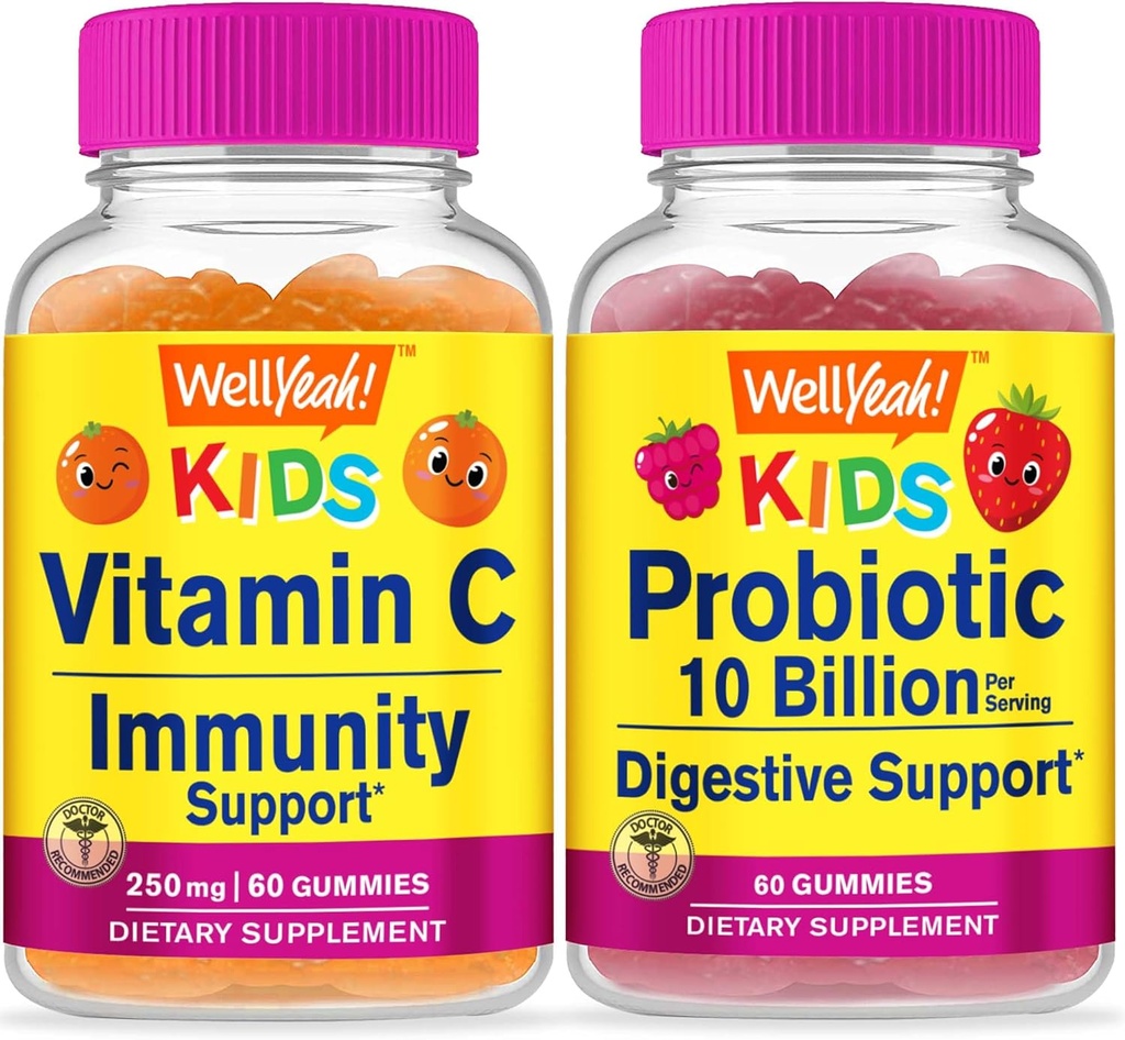 WellYeah Vitamin C Kids + Probiotics 10B Kids, Gummies 번들 - 훌륭한 타스팅, 비타민 보충, 글루텐 무료, GMO 무료, Chewable Gummy