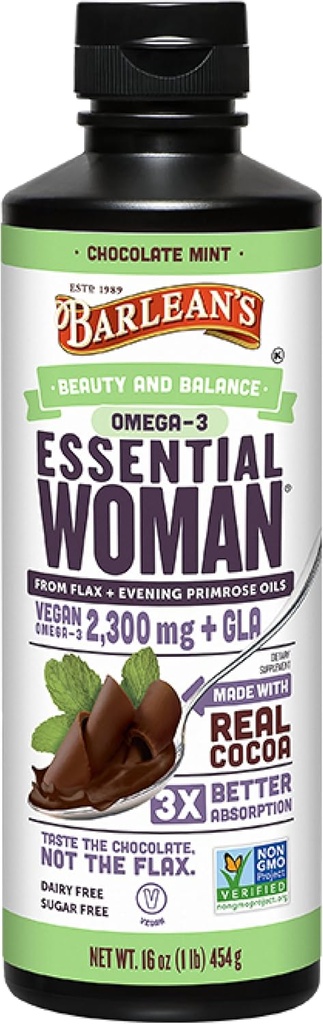 Barlean's Essential Woman Chocolate Mint Liquid Supplement from Flaxseed, Evening Primrose Oil & Soy Isoflavones, Omega 3 6 9 and GLA, Hormonal Balance & Healthy Hair and Skin, 16 onças