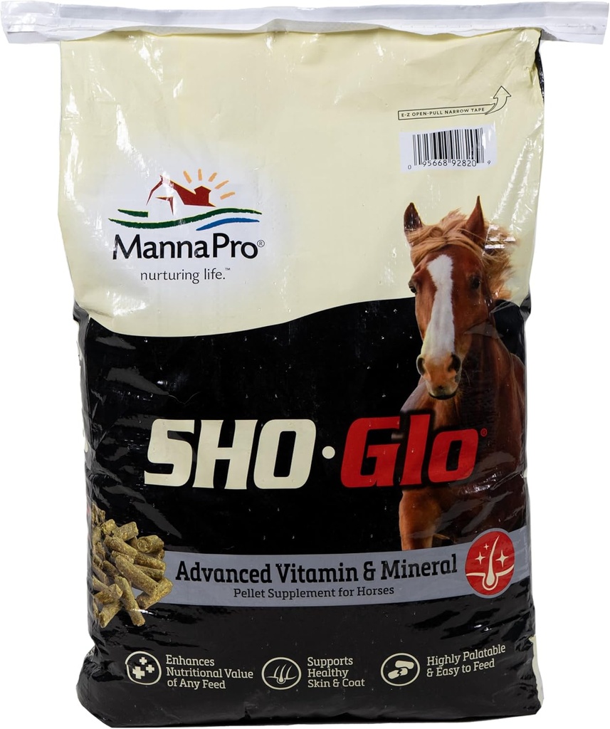 Sho-Glo Horse Vitamin & Mineral Supplement - Manna Pro - Full Daily Equine Supplement terve naha, kate ja sõrad - rikastatud antioksüdandid, aminohapped ja olulised toitained - 25 lb kott
