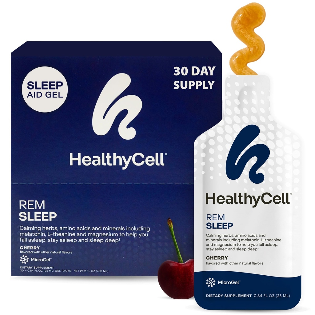 Healthycell REM Sleep Aid Supplement for Adults - Liquid Gel Extra Strength Sleep Supplement with Melatonin, Magnesium, L-Theanine, GABA & Natural Calming Herbs - 30 Gel Packs, Cherry Flavored