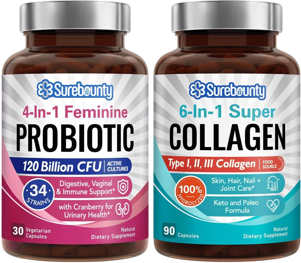 Probiótico + Pacote de Colágeno, 4-em-1 feminino Probiótico (30ct) e 6-em-1 Super Colágeno (90ct), 2 embalagens, Cranberry, Digestivo e saudável apoio envelhecimento, Não-GMO