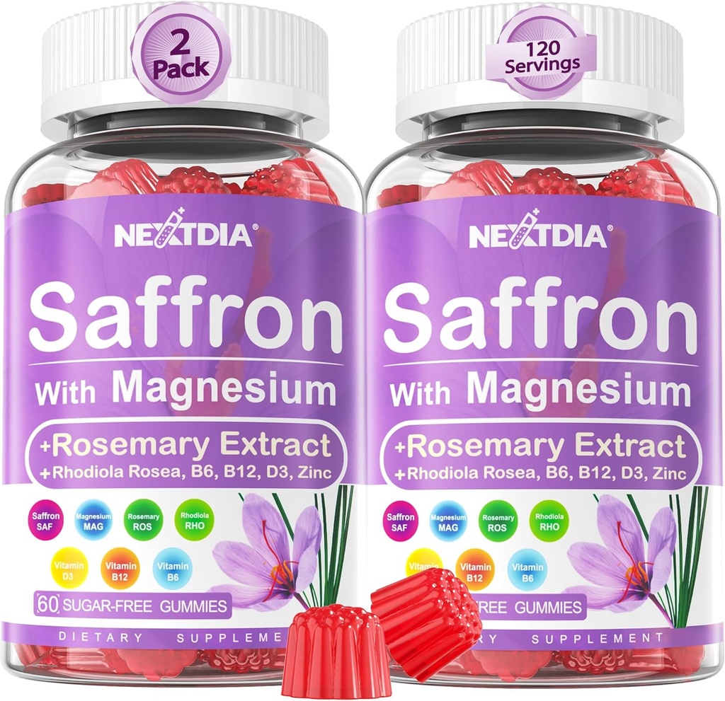 Saffron Supplements Gummies - 4 månaders leverans - Saffron Extract 177mg 88,5 mg, w / Magnesium Glycinate 400mg 200mg, Rhodiola Rosea, Rosemary, B6 B12 D3 för Calm, Nerve, Rest, Focus, Sugar-Free, 2 Pack