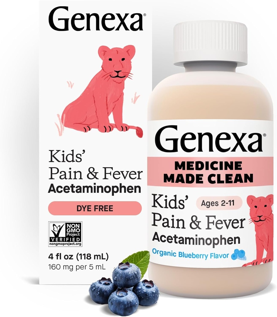 Genexa Children's Clean Acetaminophen | Pediatrician Preferred Ingredients | Smärta och feber Reducer för barn | Dye Free, 0% Artificial Additives | Ålder 2-11, Delicious Organic Blueberry Liquid, 4 fl oz