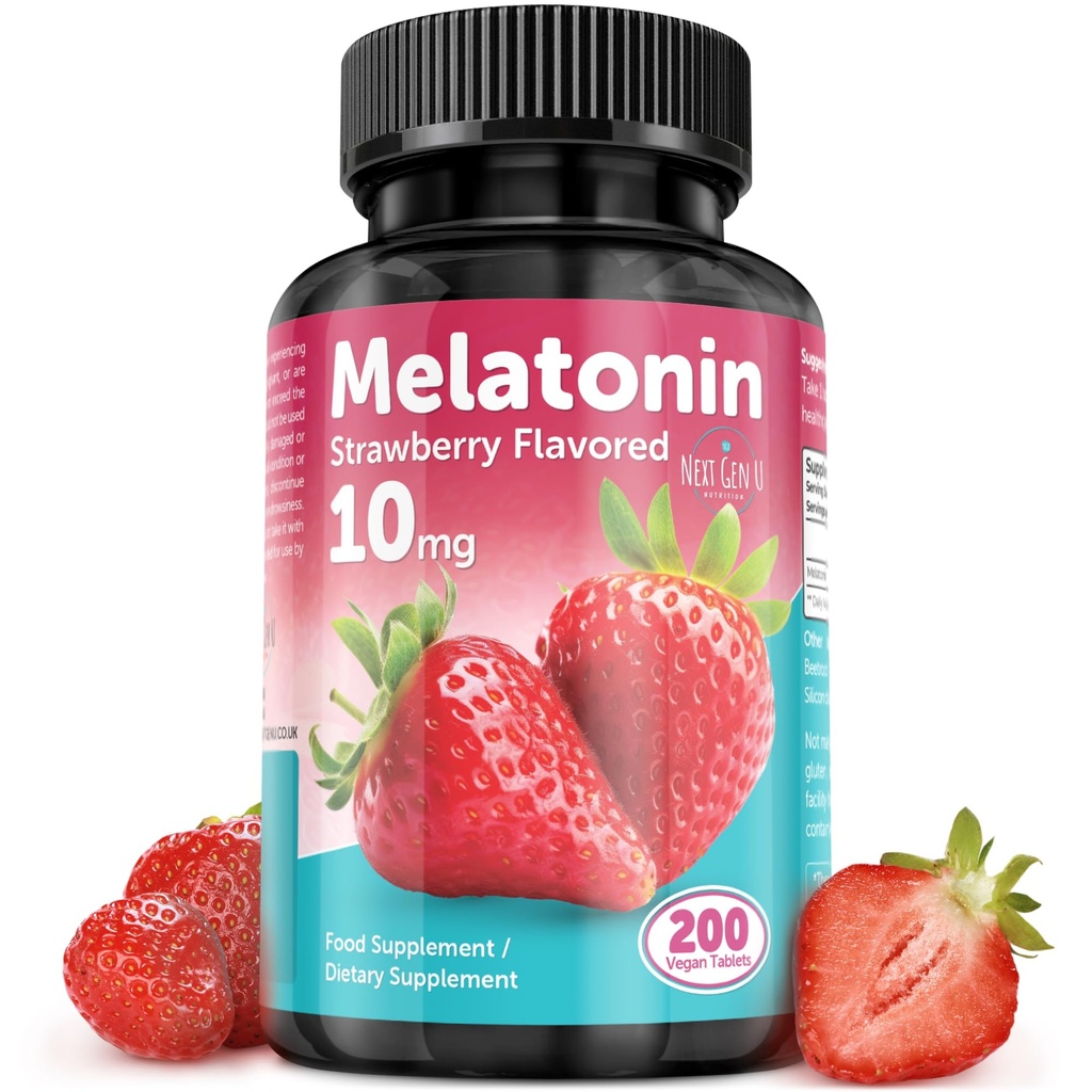 Melatonin Tablets - 10 mg Dietary Supplement - Strawberry Flavored - 200 Vegan Tablets - by NextGenU