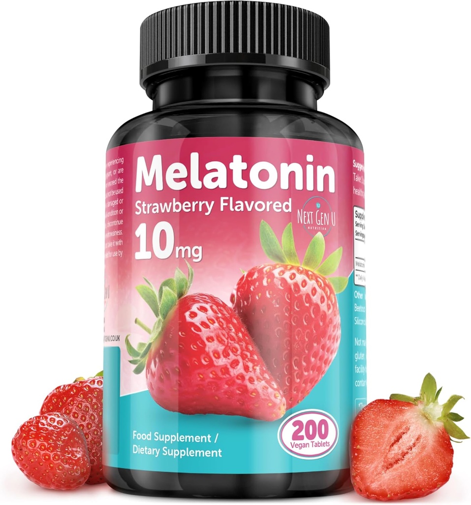 Melatonin Tablety - 10 mg Dietní dodatek - Jahodová ochucená - 200 Vegan Tablety - od NextGenU