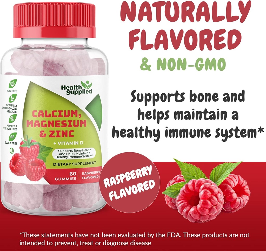 Calcium Magnesium & Zinc + Vitamin D Gummies | Bone Health Immune Health Energy and Muscle Function | Daily Dietary Vitamin Supplement | for Adults, Teens | Fruity Raspberry Flavor