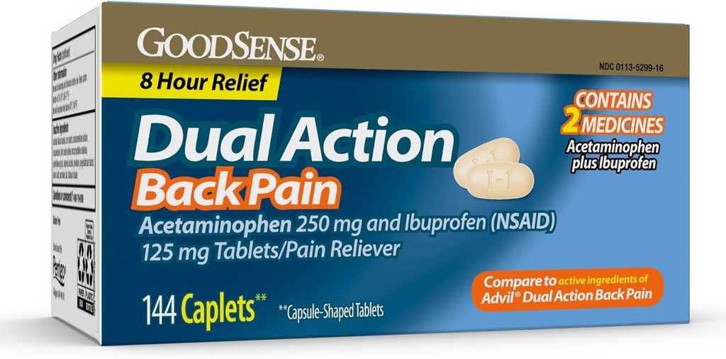 GoodSense Dual Action Acetaminophen a Ibuprofen (NSAID) Tablety, 250 mg / 125 mg, bolest zad, 144 Počet