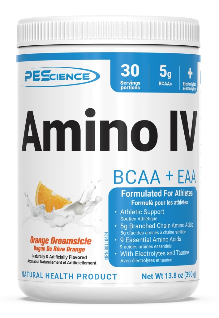 PEScience Amino IV BCAA & EAA Powder, Essential Amino Acids, Taurine, Electrolytes for Hydration and Muscle Recovery, Sugar Free for Men & Women, Post Workout - Orange Dreamsicle - 30 Servings