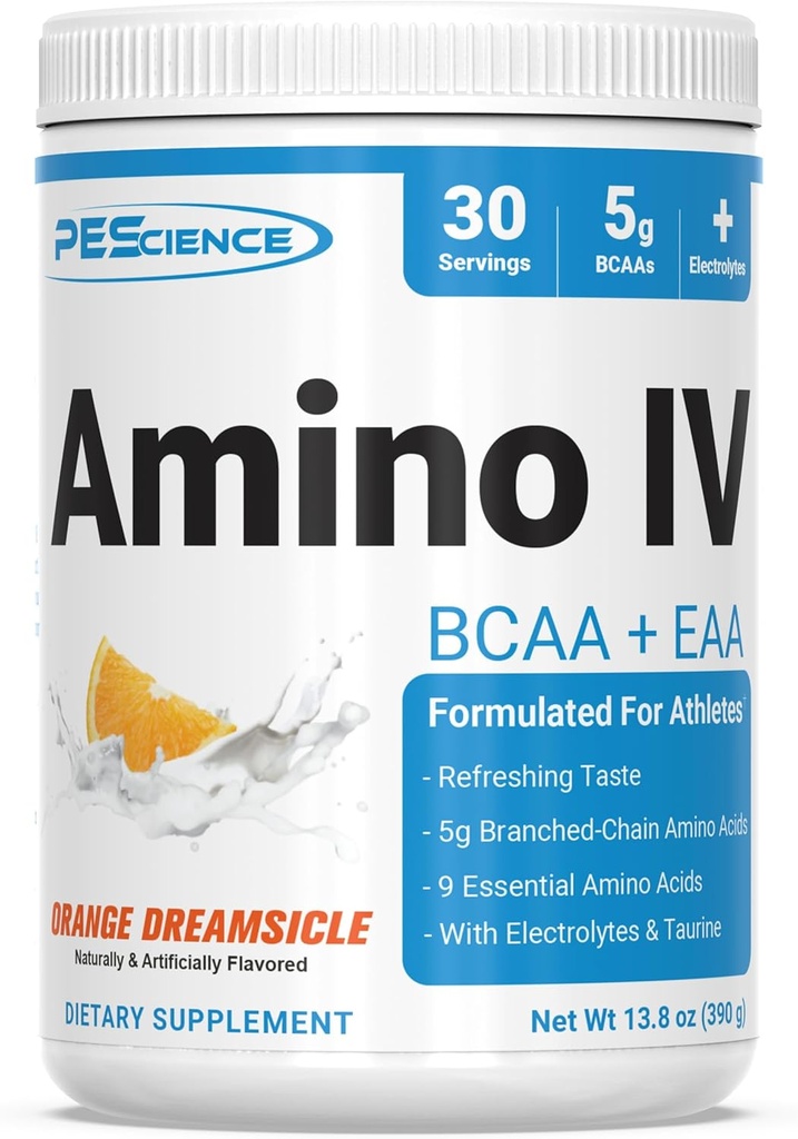 PEScience Amino IV BCAA & EAA Powder, Essential Amino Acids, Tavrin, Elektroliti za hidracijo in obnovo mišic, Sladkor brez sladkorja za moške in ženske, Postworkout - Orange Dreamsicle - 30 Servinges