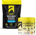 Ascent 100% Whey Protein Powder, Unflavored 2 lb & Hydration + Energy Electrolytes, Orange Mango 40 Servings