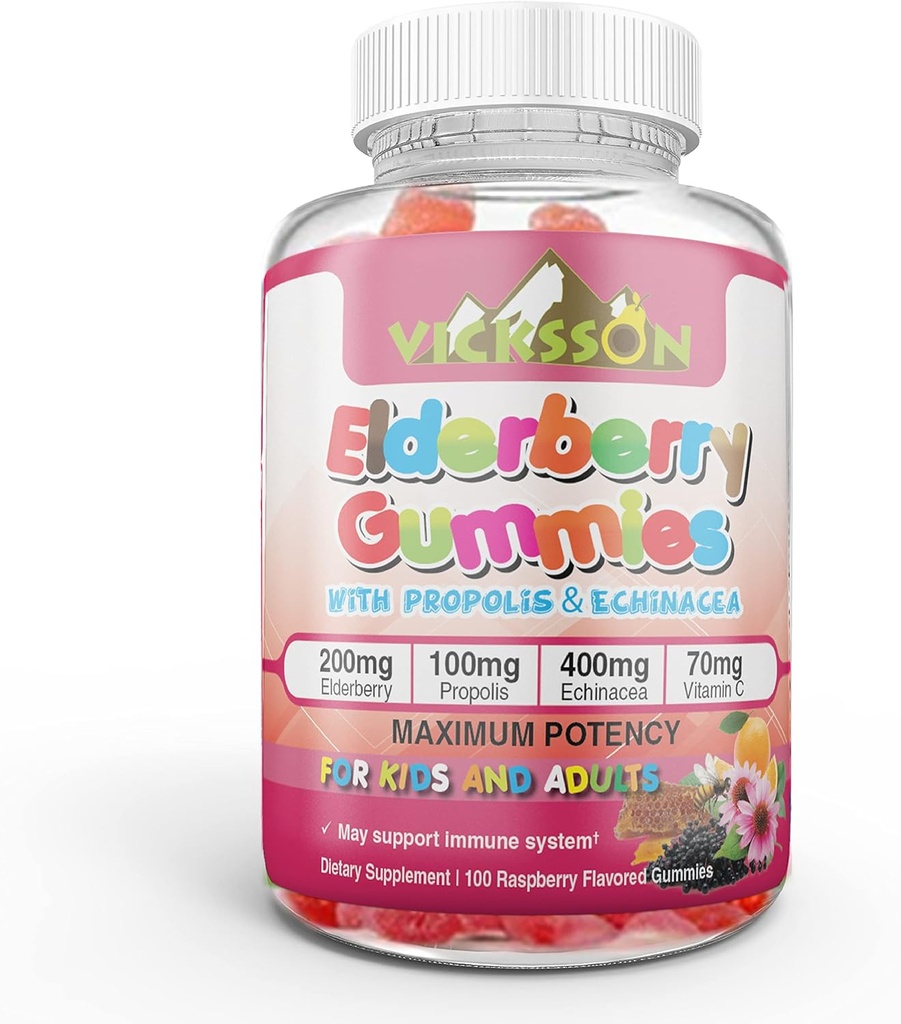 Black Sambucus Elderberry Gummies with Propolis & Echinacea + Vitamina C Antioxidante Flavonoids Immune System Booster para Kid &amp; Adult Vegan Friendly ← Raspberry Flavored. Cuenta 100