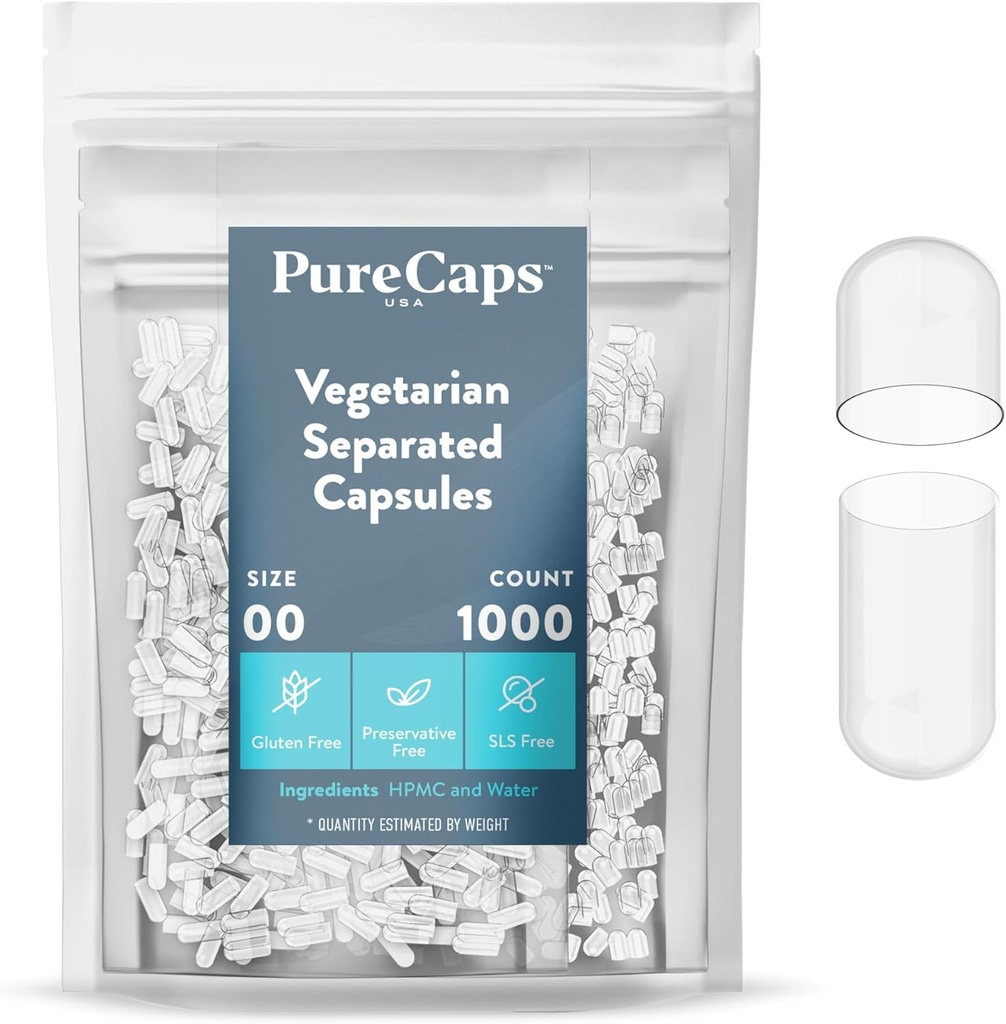 纯Caps USA - 空的蔬菜和 Vegan Pill Capsules 尺寸 00| 1000| 分离的药 | Clear → Non-GMO 认证 → SLS, Gluten, 防腐自由