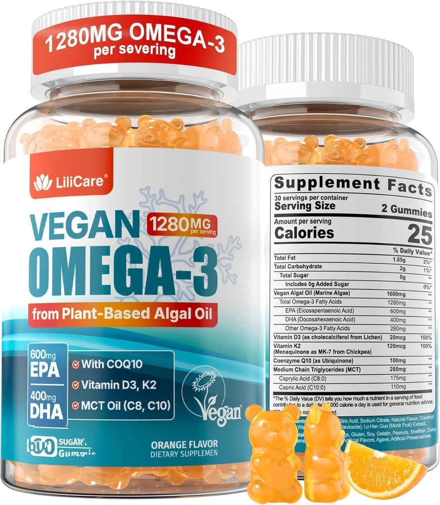Vegan Omega-3 Gummies 1280mg + COQ10 + D3 K2 bitamina (MK7), Omega 3 Fish Oil Alternative for Adults w/EPA 600mg DHA 400mg & MCT Olioa, arrainik ez Marine Algae-tik, Brain, Eye, Immunity, 1 Pack-erako