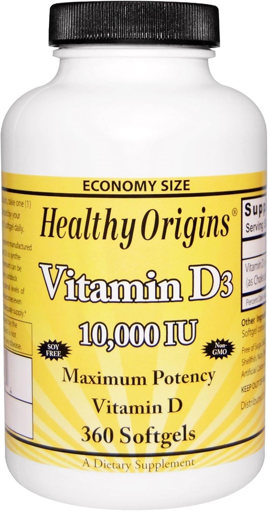 Healthy Origins Vitamin D3 Maximum Potency 10,000IU 360 Softgels, Total of 2 packs