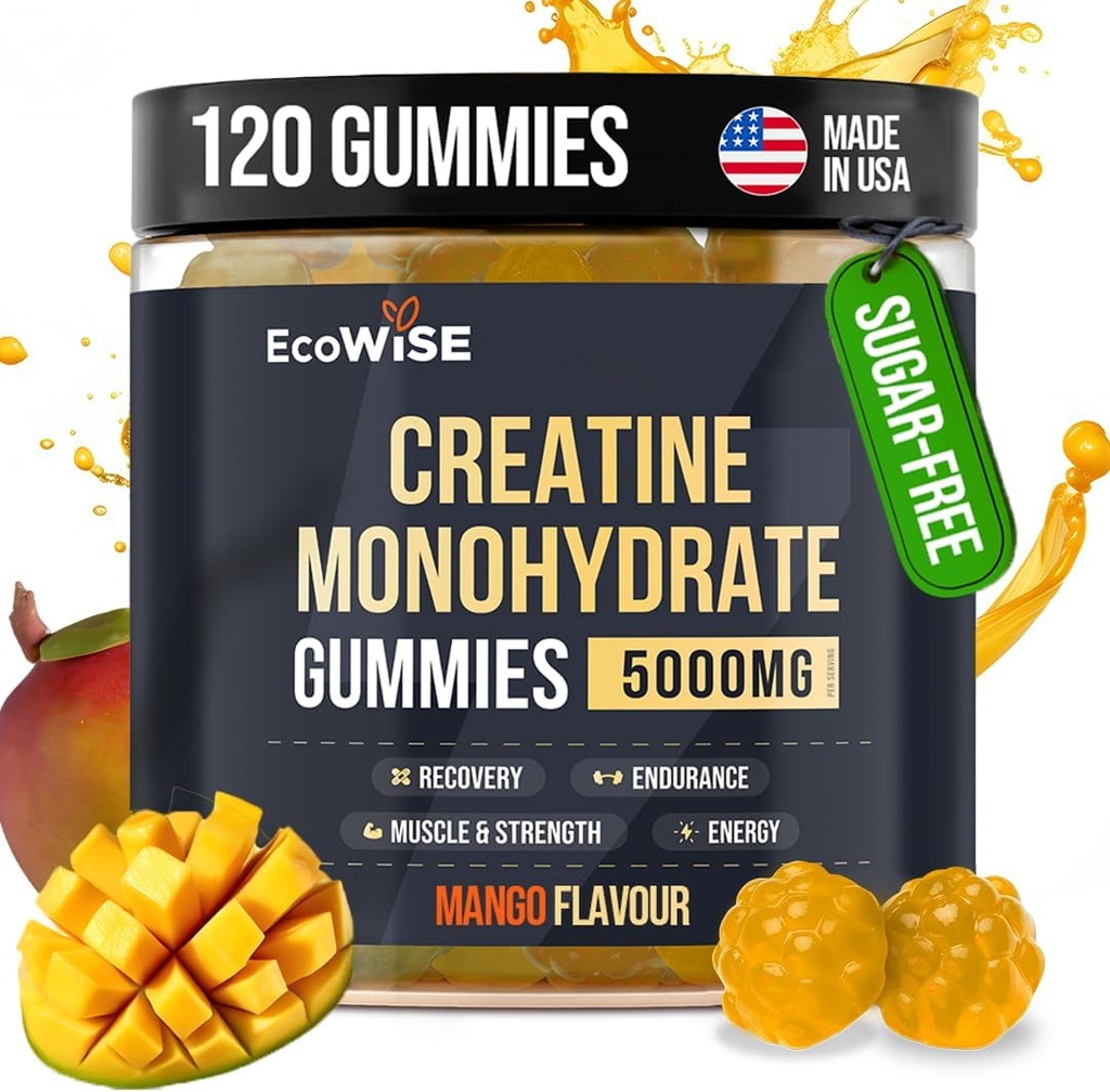 EcoWise Wellness Creatine 单水合物 Gummys 5000 mg,Mango Flavor, 120 无糖Vegan Chews, Creatine 每日例行补品