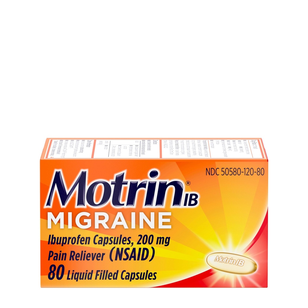 Motrin IB Migraine Relief Liquid Gel Capsules with 200 mg Ibuprofen per Capsule, Fast & Effective Migraine Headache Medicine with NSAID Pain Reliever Ibuprofen, Caffeine-Free, 80 ct