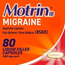 Motrin IB Migrain Relief Væske Gel kapsler med 200 mg ibuprofen per kapsel, rask og effektiv Migrain hodepine medisin med NSAID Pain Reliever Ibuprofen, koffeinfri, 80 ct