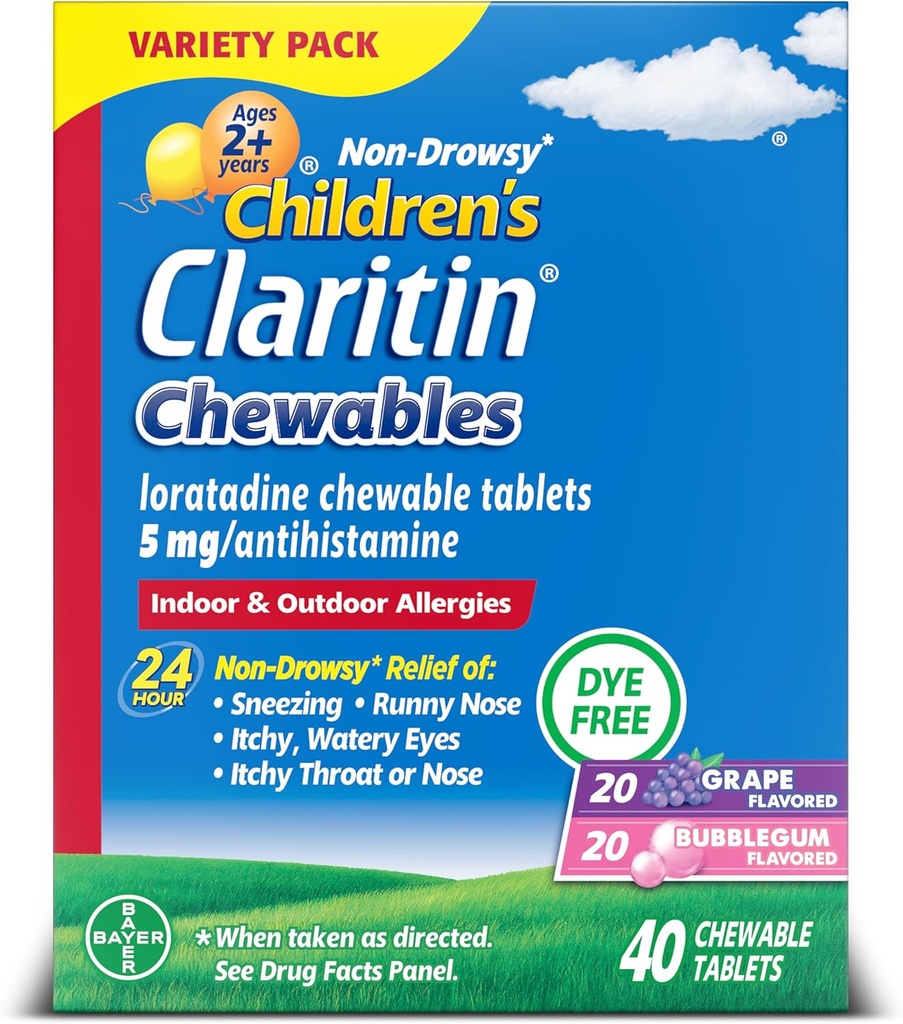 Claritinの子供のアレルギーの薬、24時間非眠気Loratadine 5mgのChewableのタブレット、子供のためのAntihistamineは2歳から2歳、ブドウ及び泡のガムの味、40のタブレットを老化させます