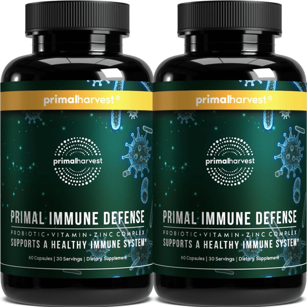 Primal Harvest Primal Immune Defense: 10in-1 Immune Support with Probiyotiks, çinko, Vitamins C, B6, D3 & K2, Immune ATM for Yetişkinler 60 Capsules (2-Pack)