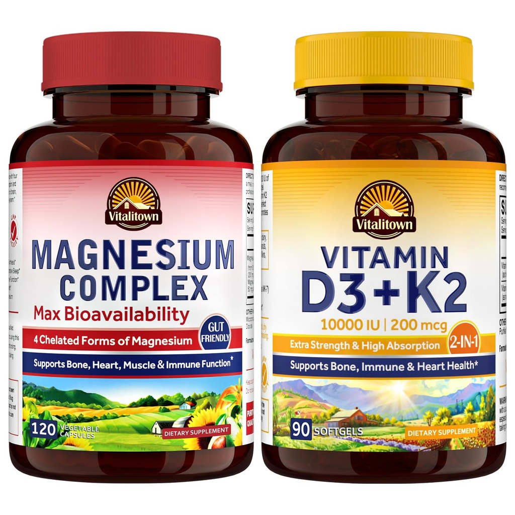 Vitalitown Magnesium Complex & Vitamin D3 K2 Bundle (Pack of 2) | for Bone Heart Immune & Muscle | Magnesium Glycinate, 10000IU D3, MK-7 | 120 Mag Caps & 90 D3 Softgel