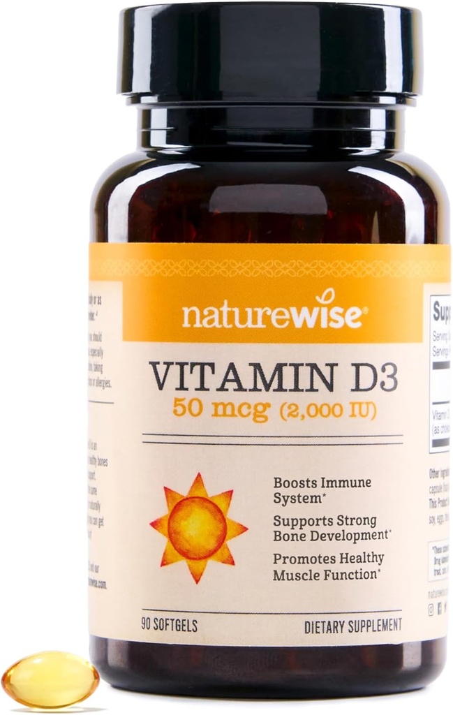 NatureWise D3-vitamin 2000iu (50 mcg) 90- napos ellátmány immuntámogatás, egészséges izomműködés, és csontegészség - Non-GMO, glutén mentes szerves extra szűz olívaolaj, (Mini Softgel), 90 gróf