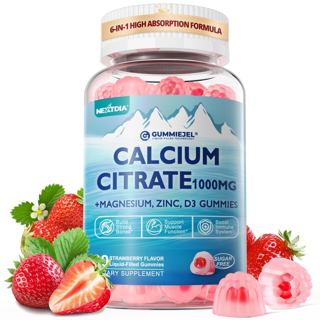 Calcium Citrate Vitamin D3 1000IU Gummies for Women & Men, Sugar Free Bone Health Complex with Calcium, Magnesium, Zinc Potassium & B6, High Absorption, Teeth, Leg Cramp & Nerve Health, Vegan, 60Cts