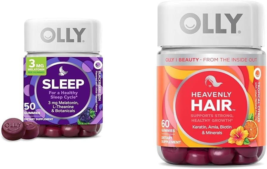 OLLY Nightmmy với Melatonin, L-Theanine, B thực vật học, BlackBerry Flavor, 50 Count & Heavenly Gummy với Keratin, Biotin, AMLA, Tropical Orange Flavor, 60 Count Bundle